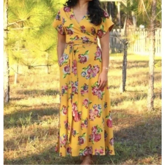 Matilda Jane Alana Jersey Knit Floral Maxi Wrap Dress Mustard Women's Small - Picture 2 of 12